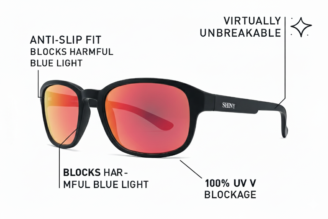 Sunglasses with features highlighted on a white background
